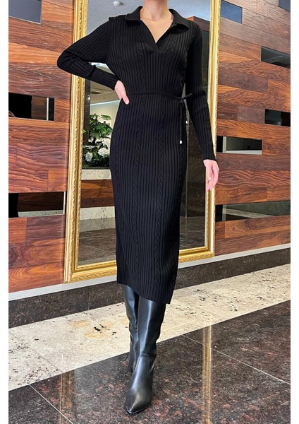 Kadın Polo Yaka Bel Bağlamalı Uzun Triko Elbise modelleri