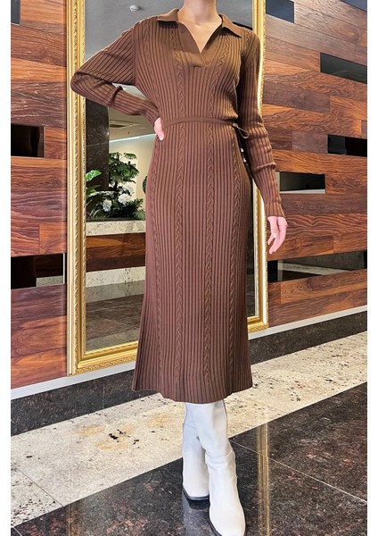 Kadın Polo Yaka Bel Bağlamalı Uzun Triko Elbise modelleri