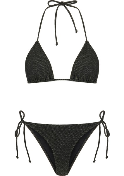 Gold Simli Siyah Arkası Büzgülü Bikini Takım