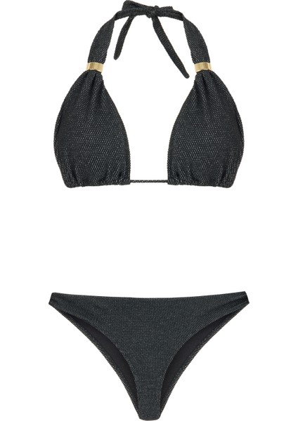 Gümüş Simli Dokulu Siyah Uzun Üçgen Bikini Takım