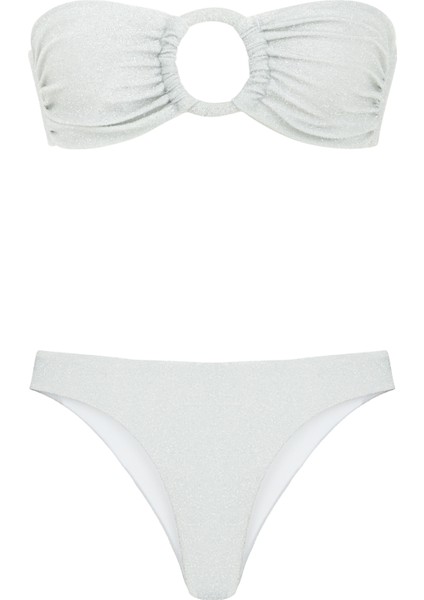Halka Toka Aksesuarlı Gri Simli Bikini