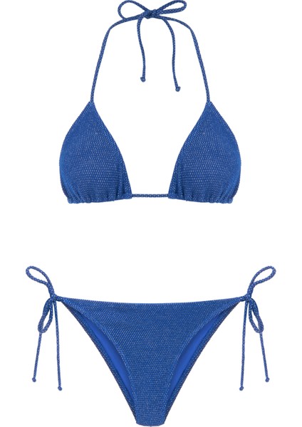 Gümüş Simli Saks Mavi Arkası Büzgülü Bikini Takım