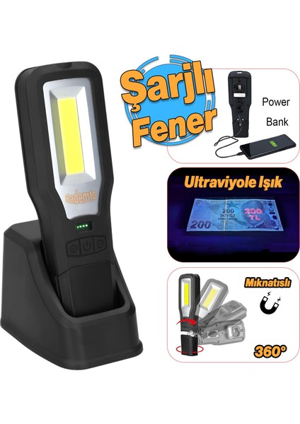 El Feneri Mıknatıslı Şarjlı Güçlü Beyaz ve Sos Işıklı Kamp Lambası LED Aydınlatma Ultraviole Işık