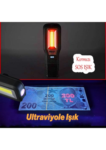 El Feneri Mıknatıslı Şarjlı Güçlü Beyaz ve Sos Işıklı Kamp Lambası LED Aydınlatma Ultraviole Işık
