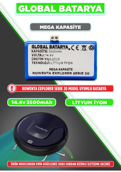 Rowenta Explorer Serıe 20 Uyumlu Akıllı Robot Süpürge Bataryası 14.4V 3500MAH Pil (Mega Kapasite)
