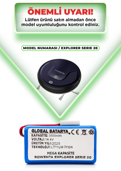 Rowenta Explorer Serıe 20 Uyumlu Akıllı Robot Süpürge Bataryası 14.4V 3500MAH Pil (Mega Kapasite)
