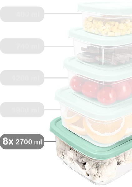8 Adet Dikdörtgen Erzak Saklama Kabı - Mikrodalgaya Uygun Düzenleyici Organizer 2700ML Yeşil