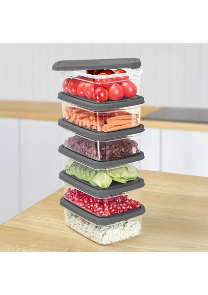 6 Adet Dikdörtgen Erzak Saklama Kabı - Mikrodalgaya Uygun Düzenleyici Organizer 1200ML Gri