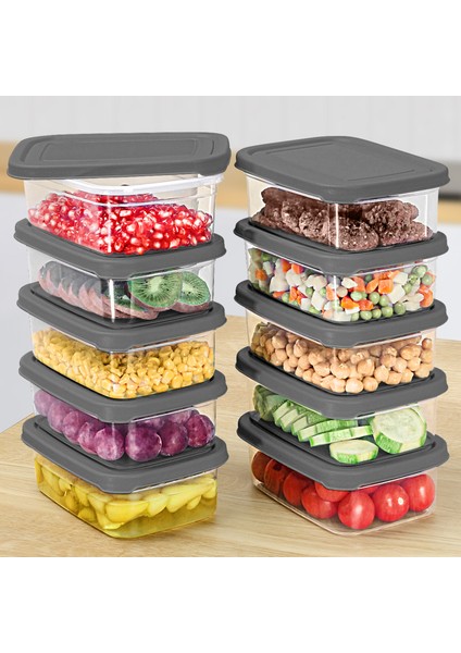 10 Adet Dikdörtgen Erzak Saklama Kabı - Mikrodalgaya Uygun Düzenleyici Organizer 740ML Gri