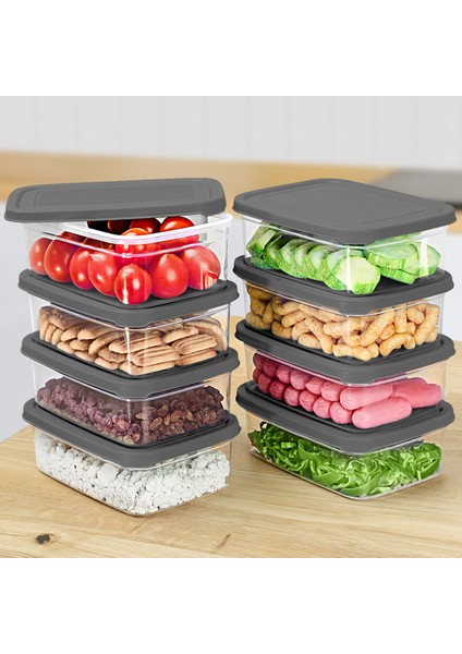 8 Adet Dikdörtgen Erzak Saklama Kabı - Mikrodalgaya Uygun Düzenleyici Organizer 1200ML Gri