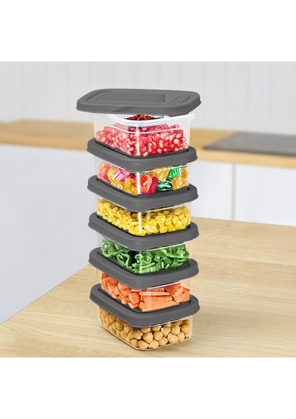 6 Adet Dikdörtgen Erzak Saklama Kabı - Mikrodalgaya Uygun Düzenleyici Organizer 400ML Gri