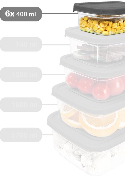 6 Adet Dikdörtgen Erzak Saklama Kabı - Mikrodalgaya Uygun Düzenleyici Organizer 400ML Gri fiyatları