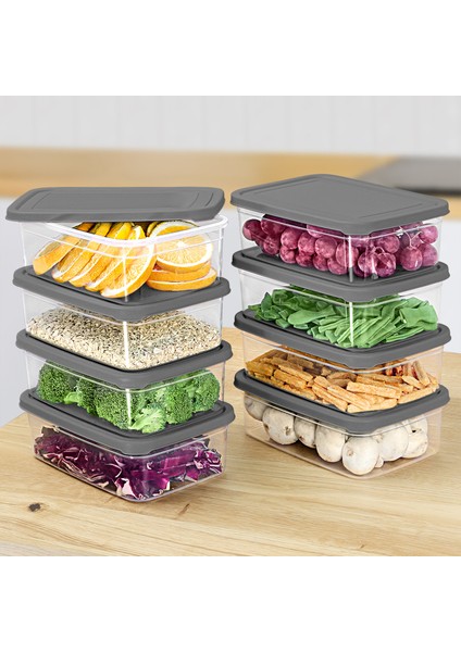 8 Adet Dikdörtgen Erzak Saklama Kabı - Mikrodalgaya Uygun Düzenleyici Organizer 1900ML Gri