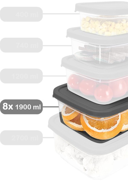 8 Adet Dikdörtgen Erzak Saklama Kabı - Mikrodalgaya Uygun Düzenleyici Organizer 1900ML Gri fiyatları