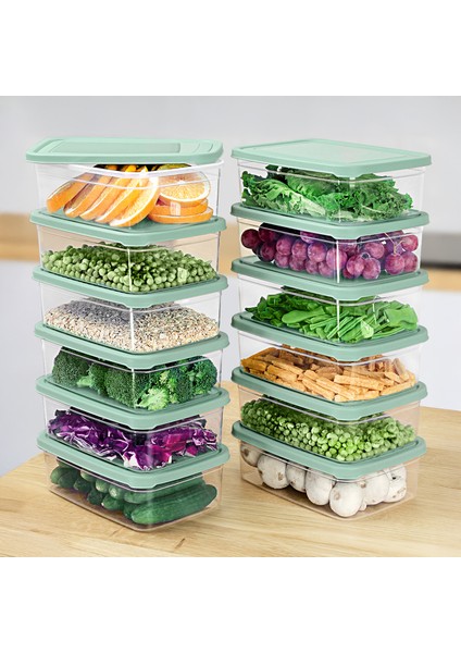 12 Adet Dikdörtgen Erzak Saklama Kabı - Mikrodalgaya Uygun Düzenleyici Organizer 1900ML Yeşil