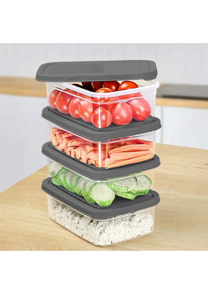 4 Adet Dikdörtgen Erzak Saklama Kabı - Mikrodalgaya Uygun Düzenleyici Organizer 1200ML Gri