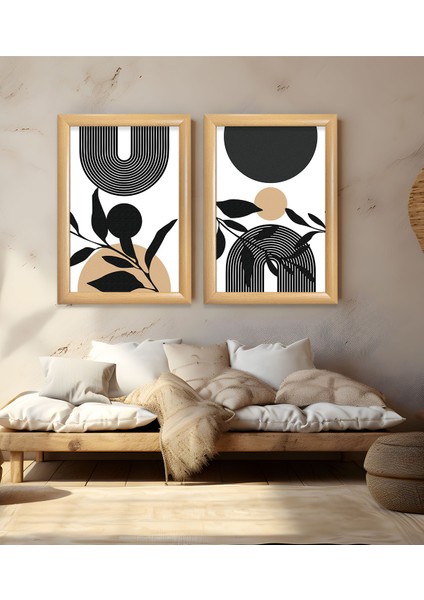 Siyah Soyut Çizim Ikili Tasarım Çerçeveli Camlı Tablo 23.5 x 33,5