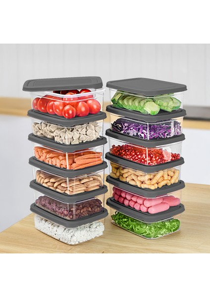 12 Adet Dikdörtgen Erzak Saklama Kabı - Mikrodalgaya Uygun Düzenleyici Organizer 1200ML Gri
