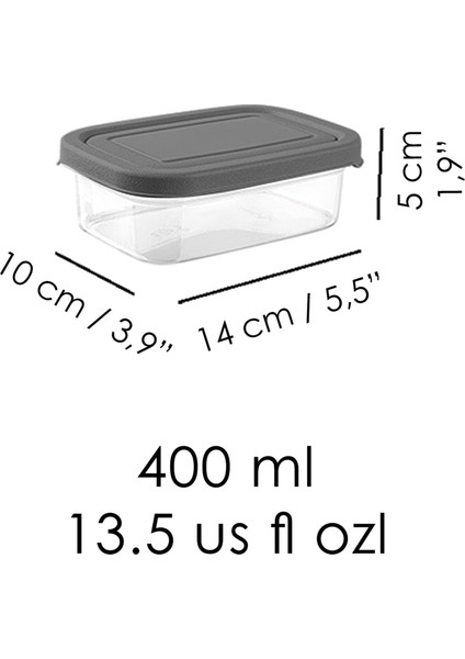 8 Adet Dikdörtgen Erzak Saklama Kabı - Mikrodalgaya Uygun Düzenleyici Organizer 400ML Gri