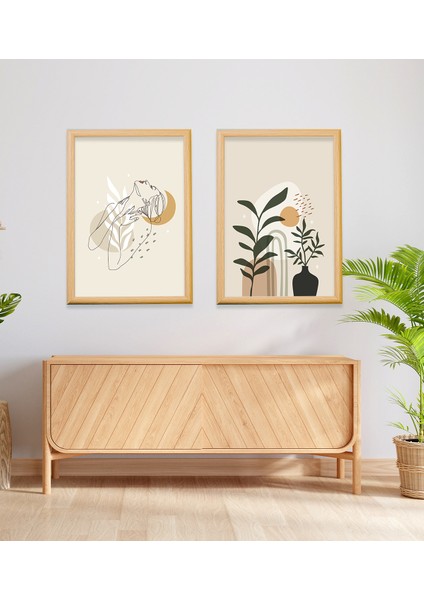 Kadın Boho Art&boho Vazo Soyut 2'li Çerçeveli Camlı Tablo 23.5 x 33,5