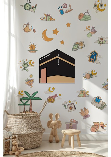 Kabe ve Ramazan Figürleri Temalı Cam Duvar Sticker Seti, Ramazan-I Şerif Sticker Seti Çocuk Bebek