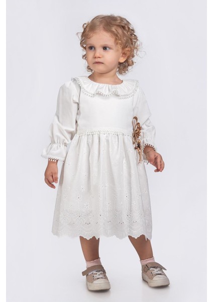 Brode Fisto Detaylı Kız Çocuk elbise - Beyaz