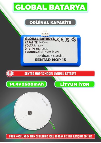 Sentar Mop 1s Uyumlu Akıllı Robot Süpürge Bataryası 14.4v 2600mAh Li-ion Pil (Orijinal Kapasite)