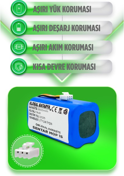 Sentar Mop 1s Uyumlu Akıllı Robot Süpürge Bataryası 14.4v 2600mAh Li-ion Pil (Orijinal Kapasite)