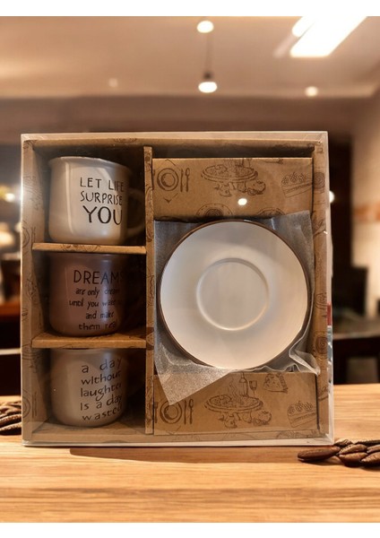 Espresso 3'lü Fincan Tabak Seti 6 Parça Dekoratif Kahve Fincanları Kulplu