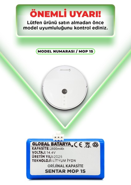 Sentar Mop 1s Uyumlu Akıllı Robot Süpürge Bataryası 14.4v 2600mAh Li-ion Pil (Orijinal Kapasite)