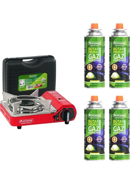 Mini Çantalı Kamp Ocağı Kırmızı 4 Kartuşlu Set