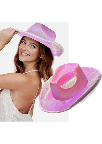 Holographic Hologram Baskılı Kovboy Şapkası Pembe Renk Retro