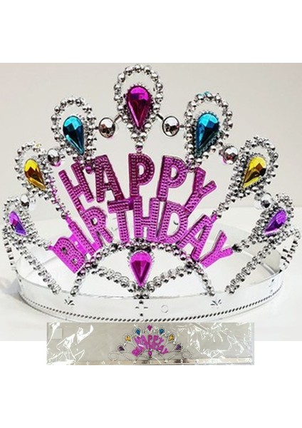 Gümüş Renk Ayarlanabilir Happy Birthday Prenses Tacı Plastik Kraliçe 1 Adet.