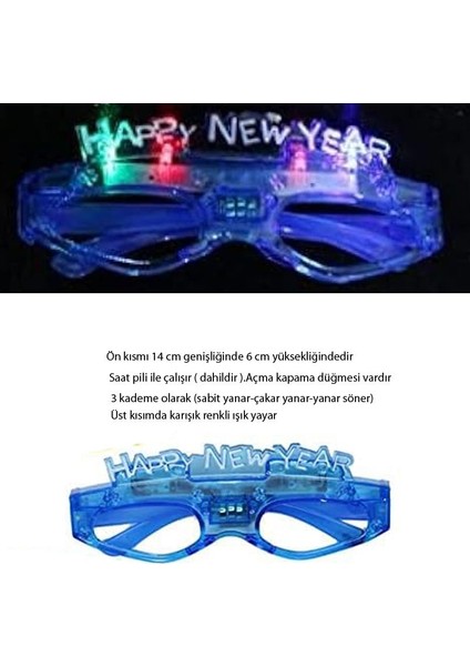 LED Işıklı 3 Kademe Happy New Year Yılbaşı Gözlük Mavi Renk 1 Adet