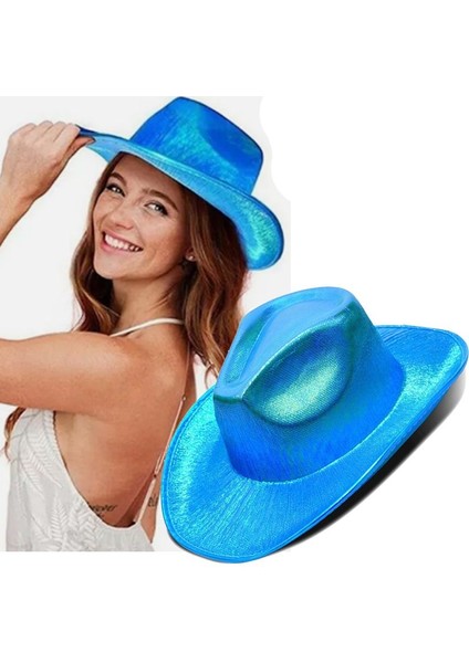 Holographic Hologram Baskılı Kovboy Şapkası Mavi Renk Retro