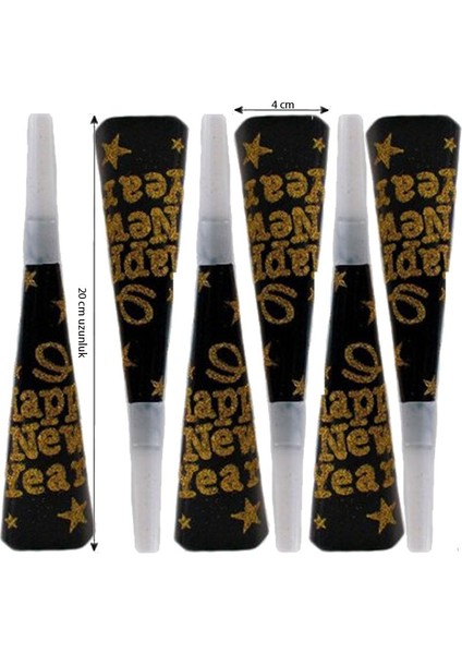 Sesli Vuvuzela Happy New Year Karton Borozan Yılbaşı Düdüğü 6 Adet Altın Renk