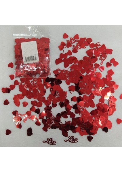 Kalp ve Love Figürlü Kırmızı Renk Masa Üzeri Serpme Konfeti 15 gr Ortalama 100-150 Adet