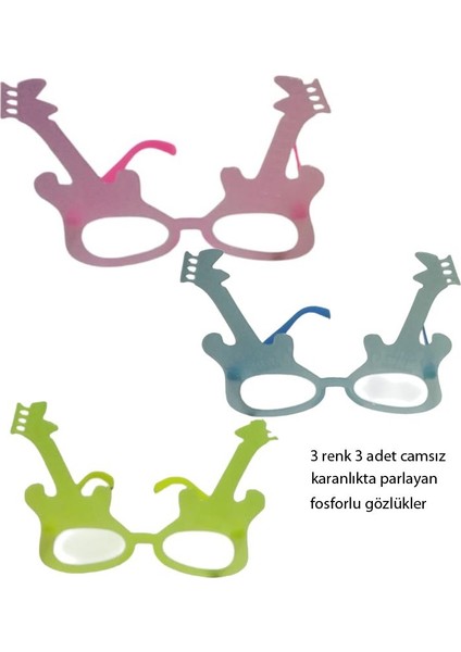 Camsız Fosforlu Gitar Şekilli 3 Renk 3 Adet Gözlük Glow Retro