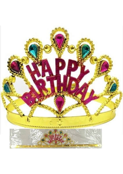 Altın Renk Ayarlanabilir Happy Birthday Prenses Tacı Plastik Kraliçe 1 Adet.