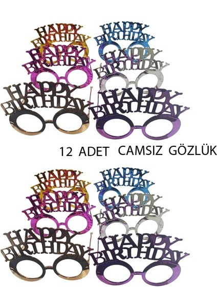 Camsız Happy Birthday Yazılı Parti Gözlüğü Yetişkin Uyumlu 6 Renk 12 Adet