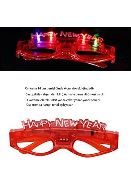 LED Işıklı 3 Kademe Happy New Year Yılbaşı Gözlük Kırmızı Renk 1 Adet