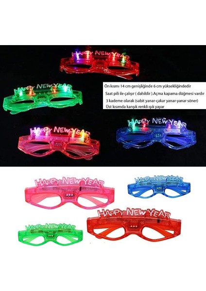 LED Işıklı 4 Renk Happy New Year Yılbaşı Gözlük 4 Adet