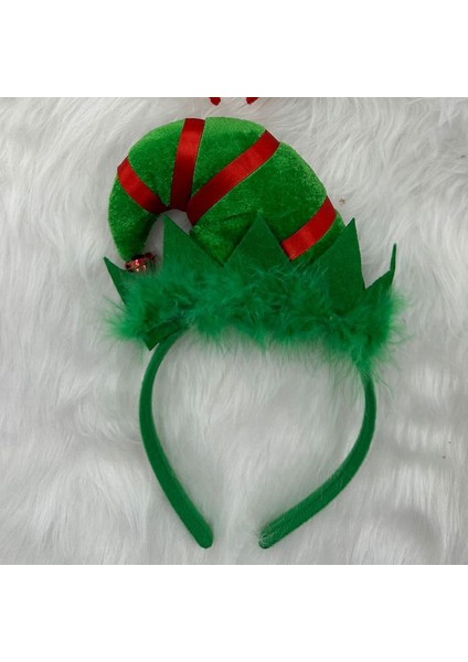 Peluş Dolgulu Sesli Zilli Elf Şapkası Yeşil Renk Taç Yılbaşı Tacı 1 Adet