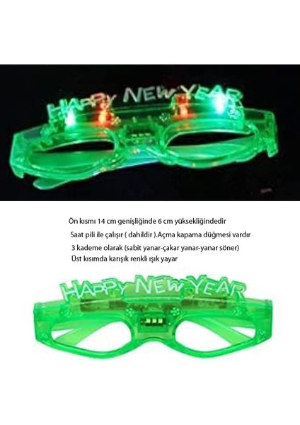 LED Işıklı 3 Kademe Happy New Year Yılbaşı Gözlük Yeşil Renk 1 Adet