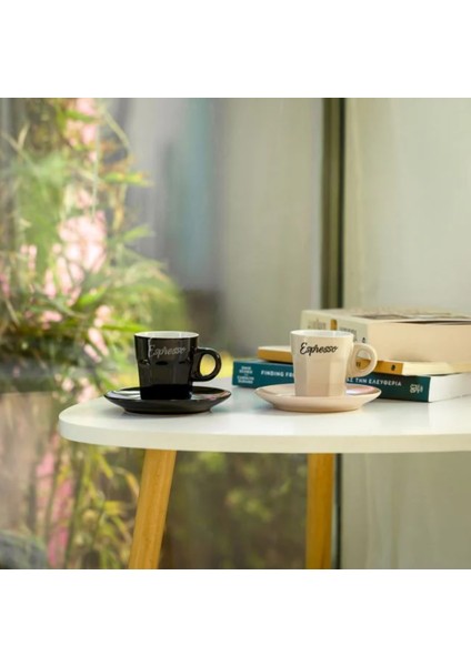 Espresso Fincan Seti 2'li 4 Parça Kahverengi Seramik Siyah Bej Oluklu Tabaklı 80ML - 2 Adet. fiyatları