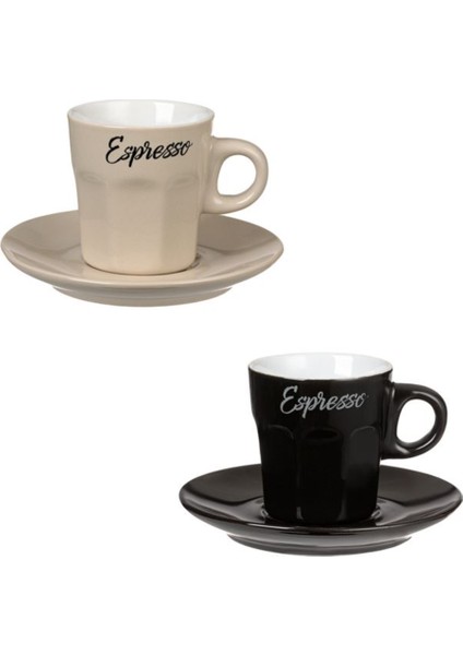 Espresso Fincan Seti 2'li 4 Parça Kahverengi Seramik Siyah Bej Oluklu Tabaklı 80ML - 2 Adet. modelleri
