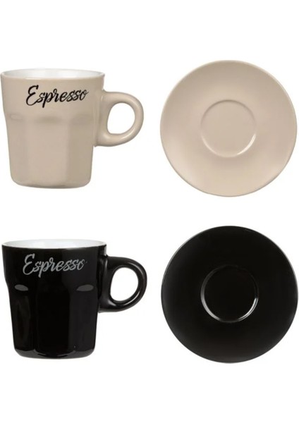 Espresso Fincan Seti 2'li 4 Parça Kahverengi Seramik Siyah Bej Oluklu Tabaklı 80ML - 2 Adet. fırsatları