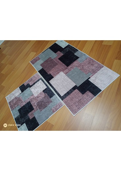 2li Banyo Seti Baskılı Kare Pembe