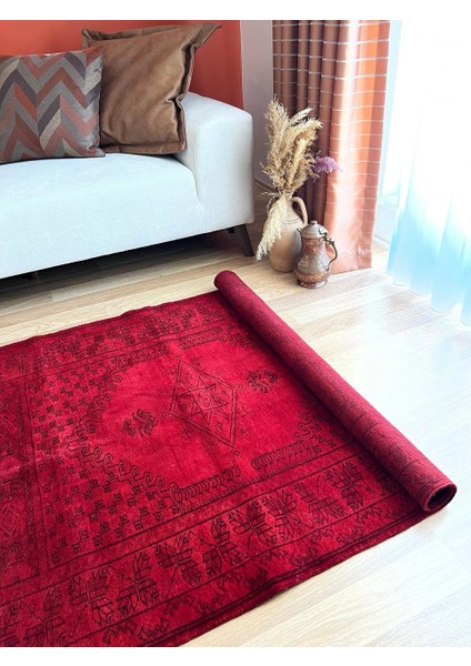 109 x 142 cm Etkileyici Canlı Kırmızı Renkli El Dokuma Yıkanabilir Antik Kilim