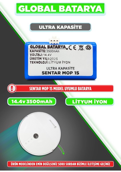 Sentar Mop 1s Uyumlu Akıllı Robot Süpürge Bataryası 14.4V 3500MAH Pil (Ultra Kapasite)